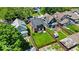 Aerial view showcasing a fenced backyard and charming home nestled among lush greenery and neighborhood houses at 405 N Drexel Ave, Indianapolis, IN 46201