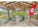 Outdoor patio with a rustic wooden pergola and comfortable seating area at 5002 Broadway St, Indianapolis, IN 46205