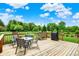 Enjoy outdoor living on this deck with a dining set and grill overlooking the lush backyard at 5523 Gainesway Dr, Greenwood, IN 46142