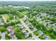 A neighborhood aerial view featuring tree-lined streets, well-manicured lawns, and picturesque homes, plus a lake in the distance at 6039 Chinkapin Dr, Columbus, IN 47201