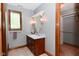 Bathroom vanity with adjacent leaded glass window and entrance to the walk-in closet at 6567 Kings Ct, Avon, IN 46123