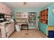 A room with light blue walls and unique pink and blue cabinets and shelves offering ample storage space at 6567 Kings Ct, Avon, IN 46123