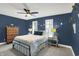 Tastefully decorated bedroom with a blue accent wall, neutral carpet, and modern furniture at 7248 River Birch Ln, Indianapolis, IN 46236