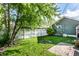 Backyard with manicured green grass, stone fire pit and privacy fence at 1426 N Euclid Ave, Indianapolis, IN 46201