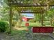Backyard pergola with comfortable seating has a charming view of the barn at 19702 Centennial Rd, Sheridan, IN 46069