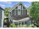 An exterior view of a charming two-story home with gray facade and white trim detail at 2134 N Alabama St, Indianapolis, IN 46202