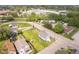 Aerial view displays a quaint neighborhood with verdant lawns, playground equipment, and homes near industrial buildings at 2230 Pleasant St, Indianapolis, IN 46203