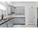 The light grey kitchen features stainless steel sink and white backsplash at 2230 Pleasant St, Indianapolis, IN 46203