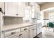 Kitchen featuring white cabinets, grey backsplash, updated countertops and sink, with a window to the backyard at 5428 E 10Th St, Indianapolis, IN 46219