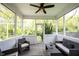 Inviting screened porch with patio furniture, ceiling fan, and views of the beautiful backyard at 5824 W Commonview Dr, McCordsville, IN 46055