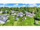 Aerial shot of a well-maintained backyard featuring lush green grass, storage sheds, and a cozy screened-in porch at 7670 Lippincott Way, Indianapolis, IN 46268
