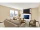 Cozy living room features a fireplace, large windows, and comfortable seating arrangements at 7670 Lippincott Way, Indianapolis, IN 46268