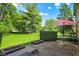 Lush backyard with patio area, seating, manicured lawn, and mature trees under a bright blue sky at 781 Dayton Dr, Carmel, IN 46033