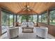 Cozy sunroom with wood paneled walls, ceiling fan, and tranquil backyard views at 8029 Castle Lake Rd, Indianapolis, IN 46256