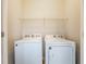 Bright laundry room features a white washer and dryer, and an open wire shelf for storage at 965 Astor Ln, Carmel, IN 46032