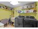 Functional laundry room featuring modern washer and dryer units, ample storage shelves, and a utility sink at 14814 Beacon Blvd, Carmel, IN 46032