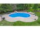 Aerial view of a backyard pool surrounded by lush greenery, seating, and a playful slide at 1829 Kessler Blvd W Dr, Indianapolis, IN 46228