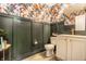 Chic powder room with stylish wallpaper, dark wainscoting, and a modern vanity at 3047 N New Jersey St, Indianapolis, IN 46205