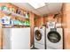 Functional laundry room with washer, dryer, shelving and full-size fridge at 3348 Fox Orchard Cir, Indianapolis, IN 46214
