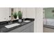 Modern bathroom featuring dual sinks, gray cabinets, and a sleek design at 4159 Persian St, Greenwood, IN 46143