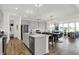 Modern kitchen featuring an island, stainless steel appliances, stylish pendant lighting, and adjacent dining area at 4400 Persian St, Greenwood, IN 46143