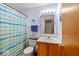 Cozy bathroom with a single vanity, toilet, mirror, and shower with striped curtain at 6034 Doverton Dr, Noblesville, IN 46062