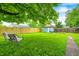 A spacious fenced backyard with lush green grass, mature trees, and a charming storage shed at 752 N Leland Ave, Indianapolis, IN 46219