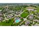 A scenic aerial view of a residential area featuring homes, community pool, green space, and winding streets at 7601 W Stonegate Dr, Zionsville, IN 46077