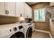 Bright laundry room features white cabinetry, modern washer and dryer, and natural light at 7601 W Stonegate Dr, Zionsville, IN 46077