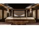 Home theater room with projector screen, dark walls, recessed lighting, soundproofing panels and seating at 7601 W Stonegate Dr, Zionsville, IN 46077