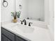 Modern bathroom with sleek vanity, white countertop, dark hardware, and decorative plant at 764 Bloor Woods Ct, Zionsville, IN 46077
