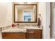 Elegant bathroom with granite countertops, modern fixtures, sink and vanity and hardwood cabinets plus a big framed mirror at 10784 Giselle Way, Fishers, IN 46040