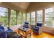 Cozy sunroom with wood floors, multiple windows, and comfortable wicker furniture at 10784 Giselle Way, Fishers, IN 46040
