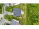 Top-down aerial view of backyard with concrete patio and lush greenery surrounding the well-maintained property at 14542 Baldwin Ln, Carmel, IN 46032