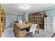 An organized home office offers ample storage with shelving and cabinet space, plus a large work surface at 14542 Baldwin Ln, Carmel, IN 46032