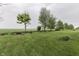Manicured backyard with mature trees and a fire pit, creating a peaceful and inviting outdoor retreat at 1751 S Centennial Ave, New Palestine, IN 46163