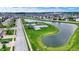 Expansive aerial of a neighborhood featuring a community pool, playground, and scenic ponds for outdoor recreation at 2201 Schoolmarm Dr, Greenfield, IN 46140