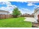 This backyard features a lawn and patio with fenced yard at 2201 Schoolmarm Dr, Greenfield, IN 46140