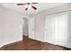 This bedroom features a ceiling fan and closet, ready to be designed to your preferences at 2201 Schoolmarm Dr, Greenfield, IN 46140