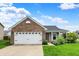 Charming single-story brick home with a well-manicured lawn, two-car garage, and inviting front porch at 2201 Schoolmarm Dr, Greenfield, IN 46140