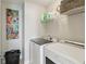 Well-organized laundry room with white washer and dryer, practical shelving, and artistic wall decor at 3267 Cimmaron Ash Ct, Zionsville, IN 46077