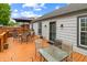 Wooden deck featuring outdoor dining furniture and potted plants, perfect for entertaining at 3702 N Chester Ave, Indianapolis, IN 46218