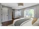 A staged bedroom shows a sliding door and closet for plenty of storage at 4359 Winthrop Ave, Indianapolis, IN 46205
