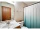 Bathroom features a single sink and a shower/tub combo with a colorful shower curtain at 5361 Cradle River Ct, Indianapolis, IN 46221