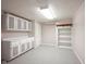 Basement area with cabinetry and shelving for storage, featuring neutral walls and carpet, and good lighting at 9127 Pointe Ct, Fishers, IN 46037