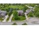 Aerial view of brick house nestled in green neighborhood with a nearby open field and mature landscaping at 14094 Pecos Ct, Carmel, IN 46033