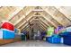 Spacious unfinished attic with exposed roof trusses and plywood subflooring, offering potential storage at 1701 Summerwood Blvd, Greenfield, IN 46140