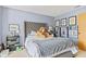 Comfortable bedroom features a queen bed with upholstered headboard, a teddy bear, and a side table with decorations at 2249 Blossom Dr, Greenwood, IN 46143