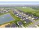 Aerial view of a neighborhood featuring modern homes with manicured lawns, a pond, and green spaces at 3463 Sunnyvale Dr, Brownsburg, IN 46112