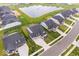 Aerial view of a neighborhood showcasing modern homes, a pond, and meticulously maintained green spaces at 3463 Sunnyvale Dr, Brownsburg, IN 46112